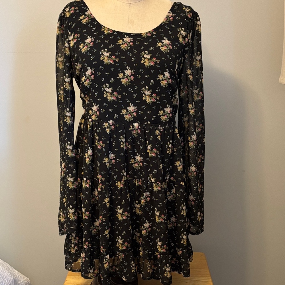 Blu Pepper Black Floral Long Sleeve Dress - Small